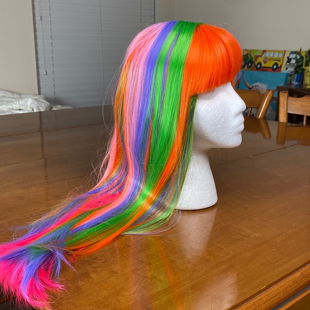 Neon Rainbow multi color wig purple orange pink green Cosplay dancer costume